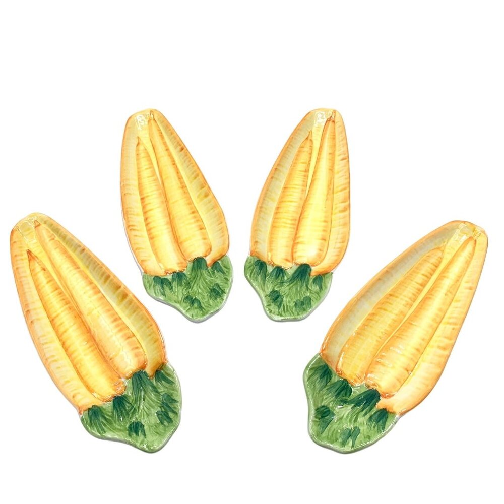 Vintage Italian Majolica Set of 4 Pottery Corn Cob Dishes Plates Holders #8617